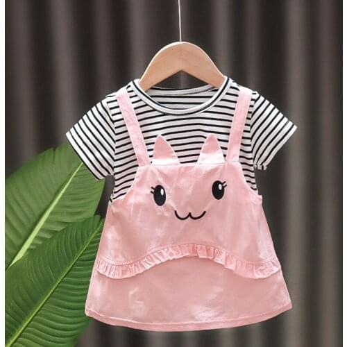 Summer Girls Stripe DressFake Two-Piece atchwork Baby Princess Knee-Length Casual Dress 3 Years