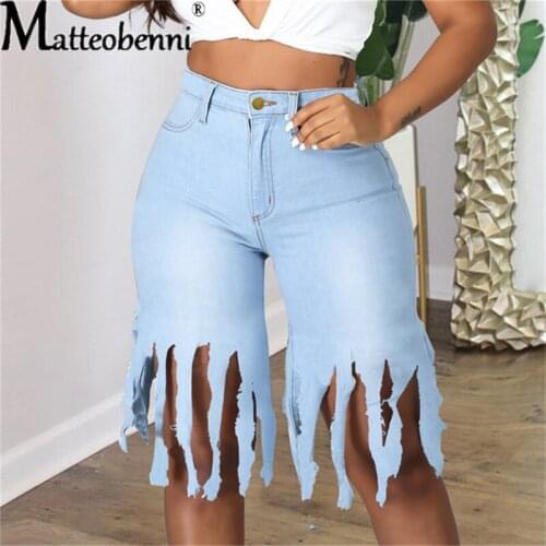 Summer Hot New Women Jean Shorts Fashion Long Tassels Ripped High Waist Stretchy Slim Shorts 2021 Denim Knee Length Street Pants