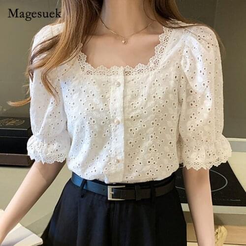 Summer Short Sleeve Tops Women Square Collar Hollow Out Blouse 2021 Korean Style Vintage Elegant Wild Lace Shirt Blusas 13934