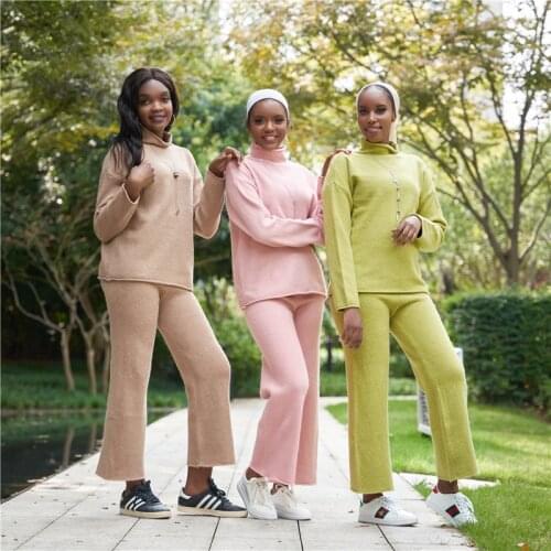 Autumn Winter Tracksuit 2 Pieces Pant Suits For Women Knitted Long Sleeve Two Piece Set Top Pants Muslim Women Suit Outwear New