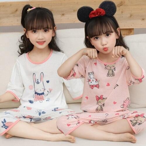Summer Girls Pyjamas Cute Cartoon Print Sleepwear Children Soft Cotton Nightwear Pajamas Kids Weekwed Leisure Home Clothing