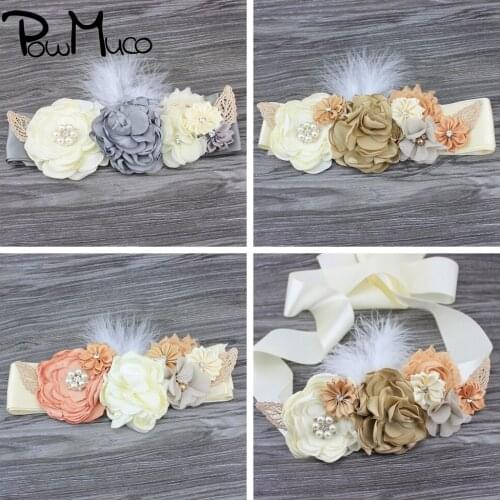 Powmuco Handmade Floral Women Sash with Pearls Rhinestone Fashion Polygonal Flower Maternity Belts Clothing Decoration Waistband
