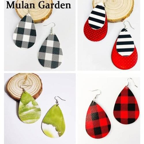 M&G Christmas Red White Lattice Zebra PU Leather Earrings Watercolour Print Fashion Water Drop Earrings Women Jewelry Girl Gift