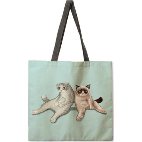 Hundred-state cat print tote bag linen fabric casual tote bag foldable shopping bag reusable beach bag ladies shoulder bag