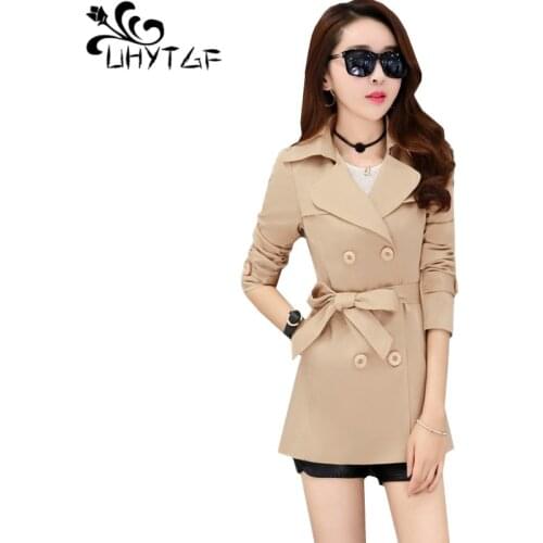 UHYTGF female trench coat fashion belt double breasted autumn windbreaker women solid color wild casual short coat plus size 898