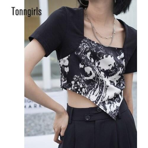 Tonngirls Streetwear Patchwork Knitted T Shirt Women Clothes 2021 Summer Y2k Short Sleeve Gothic Women T-shirt Ladies Tops