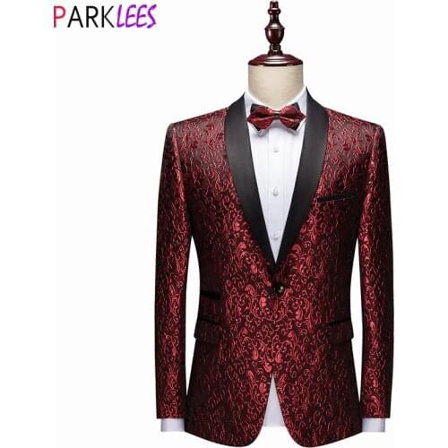 Wine Red Floral Jacquard Dress Blazers Men Patchwork Collar One Button Tuxedo Suit Jacket Male Wedding Banquet Blazer Masculino