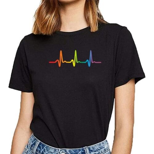 Tops T Shirt Women rainbow heartbeat lgbt pride ecg pulse Comic Inscriptions Custom Female Tshirt