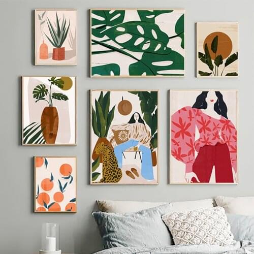 Lady Cheetah Monstera Orange Abstract Lines Boho Posters And Prints Wall Art Canvas Painting Wall Pictures For Living Room Decor