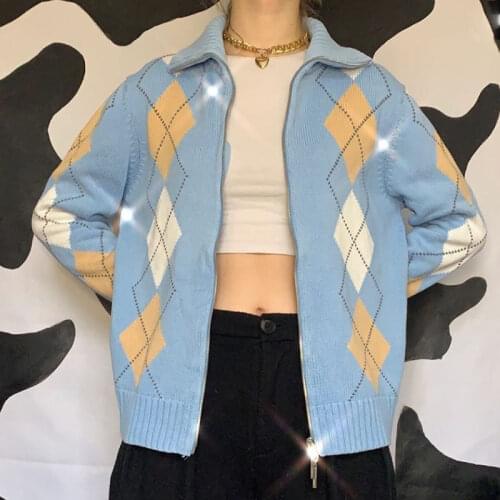 B-TOTO American retro sky blue rhombus all-match knitted jacket female tide ins spring and autumn cardigan 2021