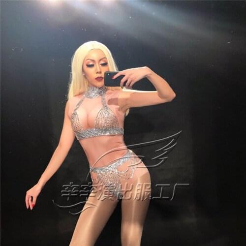 2020 Women New Sexy Striptease Dance Sparkly Rhinestone Bodysuit Stage Wear Celebrate Female Singer Crystals Costume Outfit