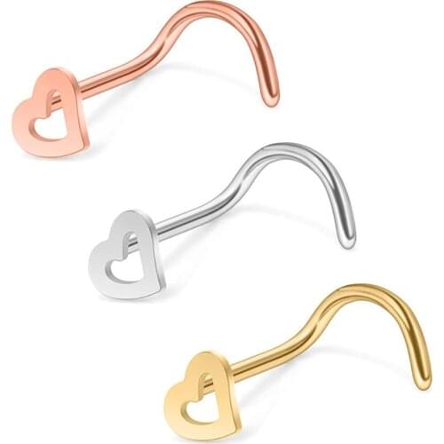 18G Surgical Steel Heart Nose Stud Rings Screw Bend Piercing Jewelry