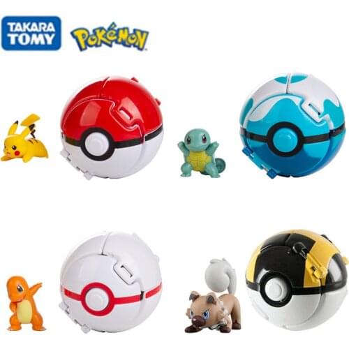 4Pcs Pokemon Elf Ball Pocket Monster Deformation Pokeball Lying down Pikachu Rockruff WCT Attack Charmander Anime Figures Model