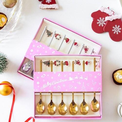 6pcs Stainless Steel Christmas Coffee Spoon Ice Cream Soup Sugar Dessert Teaspoons Mixing Stirrer Kitchen Tableware