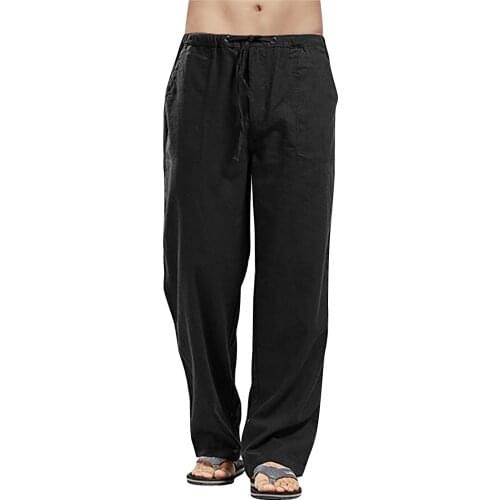 Men Cotton Linen Pants Loose Long Trousers Solid Color Elastic Waist Hip-hop Breathable Casual Pants Pantalones Summer