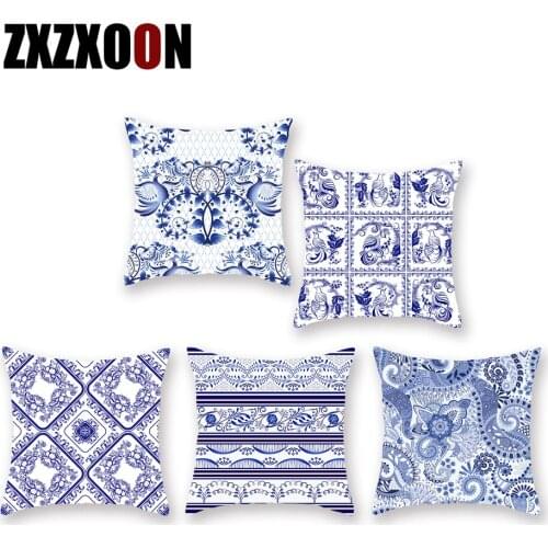 Polyester Blue White Boho Geometric Mandala Throw Pillows Case Sofa Home Cushion Cover for Living Room Decoration 45x45cm