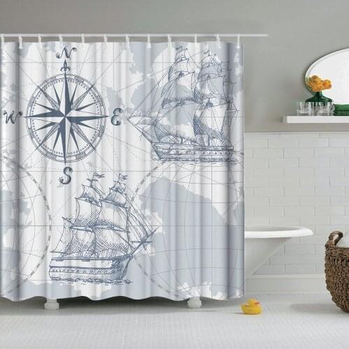 Dafield Nautical Shower Curtain Sail Old Boat Sketch Ship Wheel Compass Anchor Marine Bathroom Set With Hooks