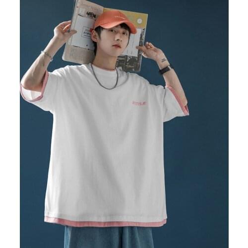 Summer New Fake Two-Piece Solid Color Mens T-Shirt Loose High-Quality Cotton Clothes Hip-Hop Harajuku Oversized Plain Color Top