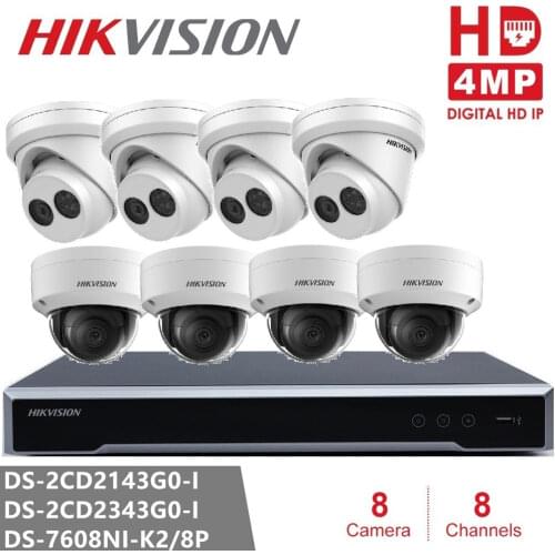 Hikvision Security Camera Kits NVR DS-7608NI-K2/8P & Camera DS-2CD2343G0-I & DS-2CD2143G0-I 4MP Dome IP Camera Night Version H26