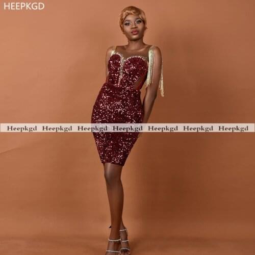 Sparkly Short Burgundy Prom Dresses With Gold Tassel Sheath Knee Length Sexy Black Girls Graduation Party Dress Custom Made