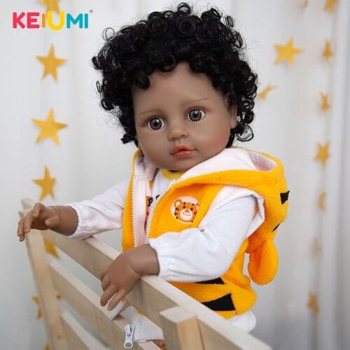 KEIUMI 19 Inch Black Skin Short Curly Hair Bebe Reborn Yellow Tiger Vest Set Fast Delivery For Childrens Gift