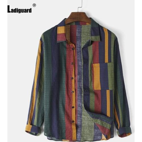Ladiguard Plus Size Men Shirts Basic Linen Tops Autumn Long Sleeve Male Elegant Fashion Stripes Blouse Sexy Mens clothing 2021