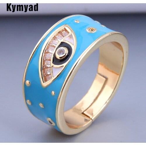 Kymyad Korean Trendy Rings For Women Bijoux Femme Zirconia Ring Jewelry Enamel Wide Adjustable Ring Real Gold Plating Color