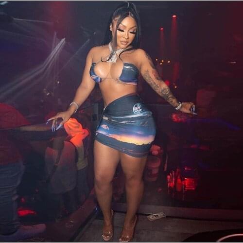 Night Sky Print Two Piece Set Women Sexy Lace Up Halter Cropped Bra+Mini Pleated Dress Co-ord Outfits Female Hot Clubwear