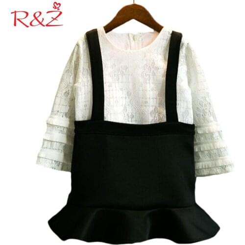 R&Z 2017 Girl Clothes Suit Lace Blouse Shirt + Strap Skirt 2 Pieces Set Fashion Hollow Tassel Sleeves Childrens Clothing Autumn