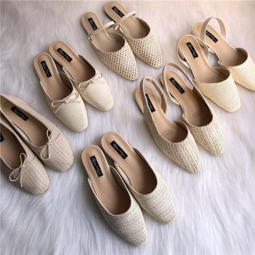 Summer Single shoes 6-style woman cane weave breathable straw mules slippers moccasins bow slip-on flats sandals women flipflops