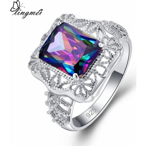 Lingmei Fashion Simple Stylish Rainbow Multicolor Green Zircon Silver Color Ring Size 6 7 8 9 Birthstone Wedidng Band Jewelry