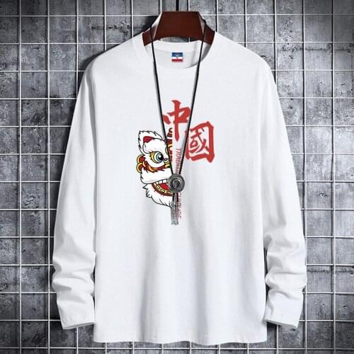 Fashion Overysize Chinese Style Cotton Long-sleeved Mens Tops T shirt, Chinese Lion Anime Cartoon Autumn Sweatshirt Clothing