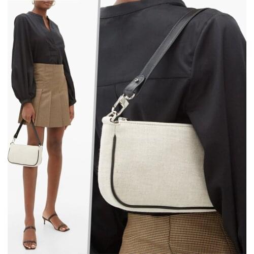 Fashion Linen PU Leather Splice Shoulder bags for women Solid Color Square Womens bag Linen Women Handbags Baguette Shape Tote