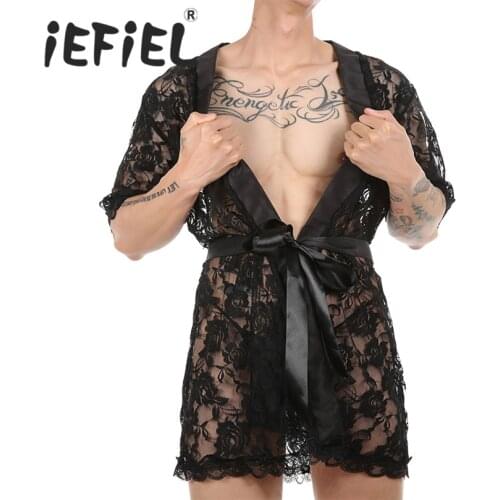 Mens Sleepwear Sissy Sexy Robe See-Through Lace Robe Cardigan Bathrobe Lungewear Sissy Nightwear Sleepwear with T-back Belt