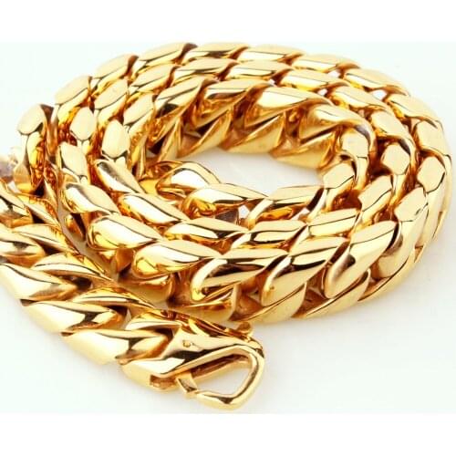 Charming 15MM New 316L Stainless Steel Gold Color Cuban Curb Link Chain Mens Boys Bracelet Bangle Or Necklace 7"-40" Hot Jewelry