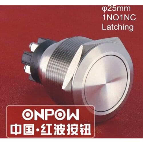 ONPOW 25mm IP65 1NO1NC Latching on-off Flat actuator Stainless Steel Power Metal Push Button Switch (GQ25-L-11Z/S) CE, RoHS