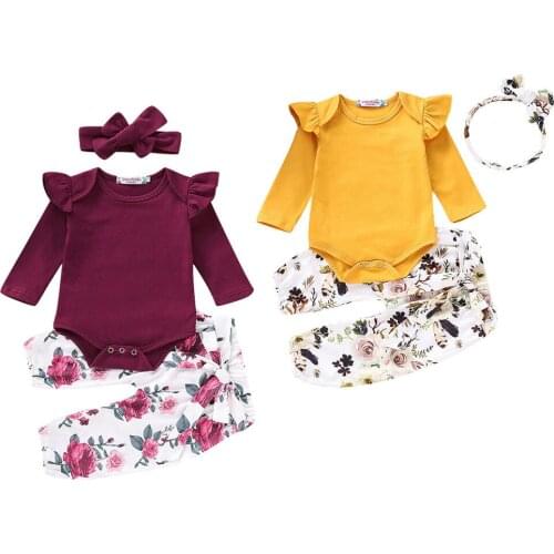 Pudcoco US Stock Cute Newborn Baby Girls Set Long Sleeves Tops Romper +Floral Pants +Headband 3PCS Outfits Set Clothes