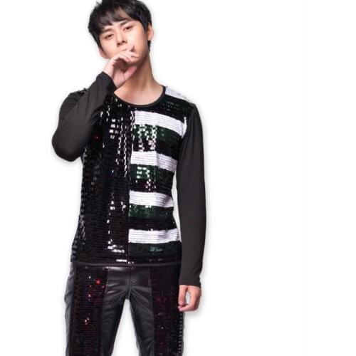 Fashion punk shirt men rock long sleeve Splicing sequins shirt teenage shirt mens personality stage singer dance clothes