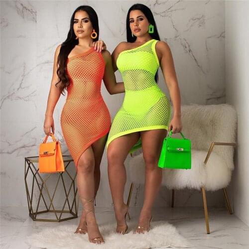 Sexy Women Summer Beach Dress 2020 Boho Hollow Out Mesh Bodycon Party Dress Sundress One Shoulder Irregular Short Club Dress