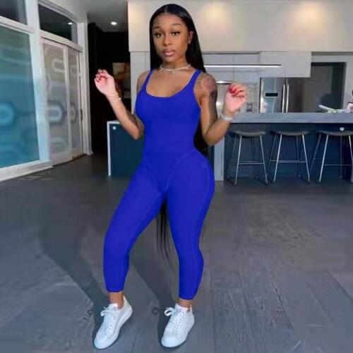 Sports Solid Color Skinny Rompers Women Jumpsuit Sexy Low Neck Sleeveless One Piece Overalls Streetwear Bodycon Slim Outfits