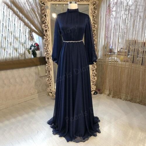 Navy Blue High Neck Prom Dress Vintage Formal Gowns 2021 Chiffon Arabic Long Sleeves Evening Dresses Party Night Elegant Women