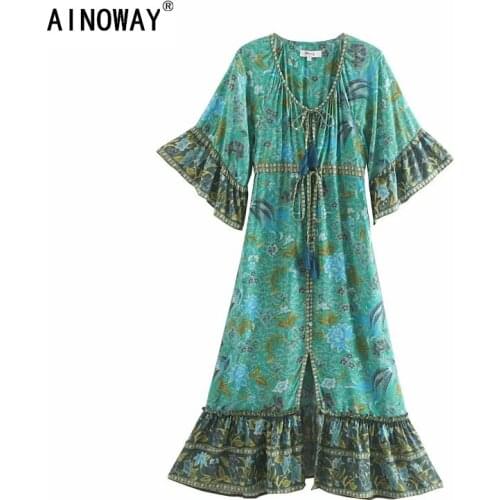 Vintage chic women floral print batwing sleeve rayon Bohemian dresses Ladies V neck Tassel Boho pleated Maxi dress vestidos