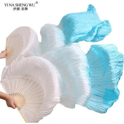 High Quality 100% Real Silk Dance Fans 1 Pair Handmade Dyed Unisex Belly Dance Silk Fans Dance Props White+Turquoise Fan 5 sizes