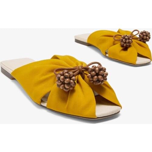 Womens Shoes Summer 2021 New Product Fish Mouth Square Head Bow Beaded Round Ball Slippers Flat Sandals Zapatos De Mujerdf4