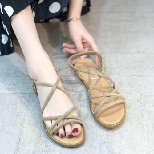 20021 Summer Round Head Low Help Roman Wind Woman Sandals Ankle Strap Artificial PU Black Sandals Momen Shoes A026