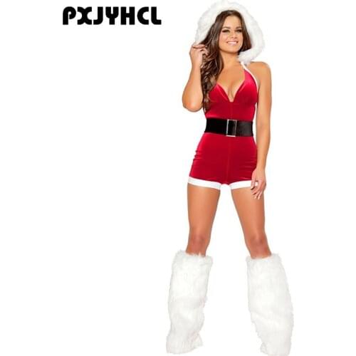 3 Pcs Women Christmas New Year Cosplay Costume Sexy Backless Adult Red Hooded Jumpsuit Shorts Boot Girl Fancy Sleeveless Cloth