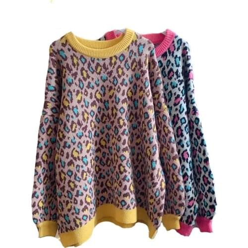 Leopard Knitted Sweater Women Vintage 2021 New Korean Autumn Winter O-Neck Female Loose Oversized Pullover Thick Warm Knitwear