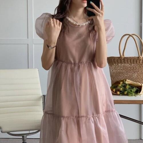 Organza Puff Sleeve A Line Solid O Neck Dresses Women + Sling Two Piece Set X429
