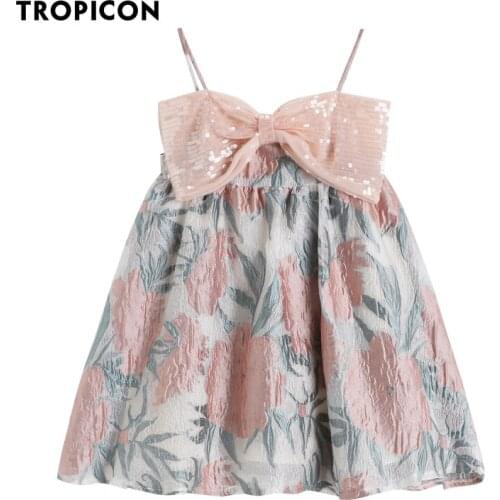 TROPICON Blingbling Sequin Bow Kawaii Babydoll Dress Glitter Pink Floral Summer Spaghetti Strap Ball Gown Mini Cami Dress Women