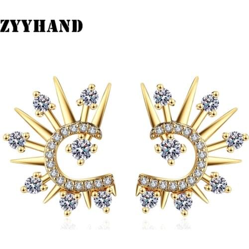 Golden Color Women C Shape Stud Earrings Girl Party Cubic Zirconia AAA Clean Stone Irregular Hip Hop Rock Jewelry